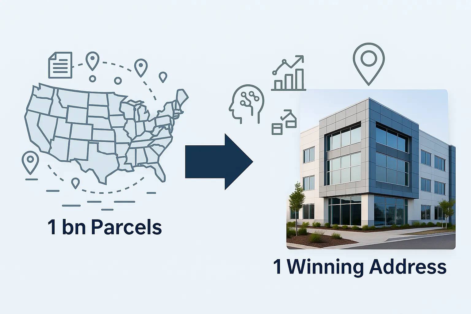 Diagram of a U.S. map narrowing many parcels down to one building site