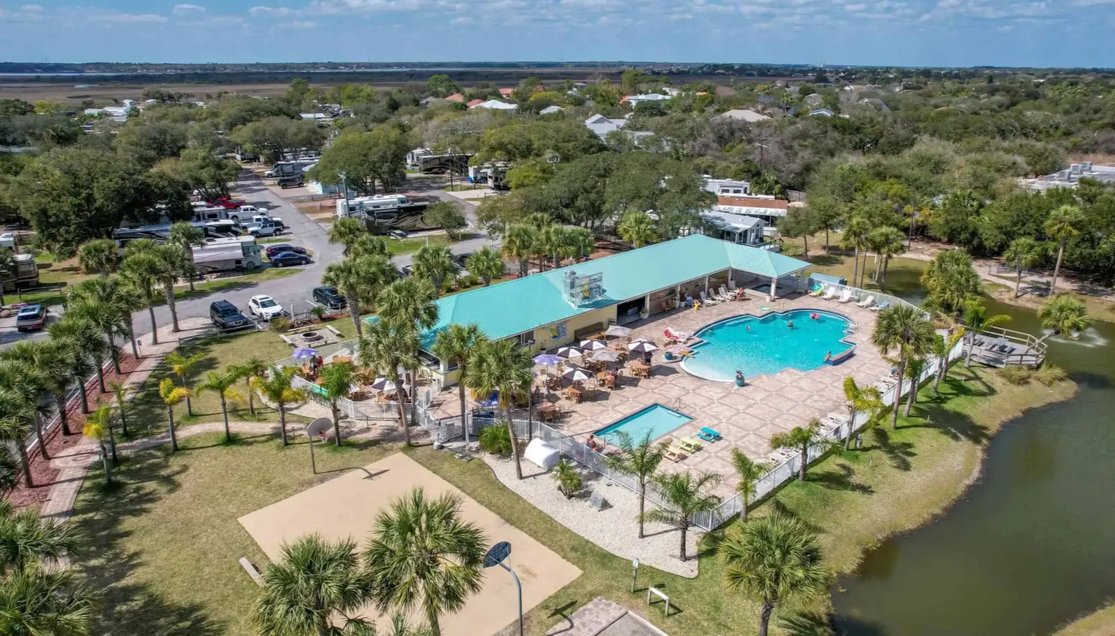 Aerial view of an RV resort with a pool and clubhouse beside a lake in Florida