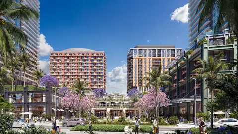 Architectural rendering of a mixed-use urban development featuring residential towers, ground-floor retail, and landscaped pedestrian streetscape, illustrating the built outcome of a permit-ready site plan.