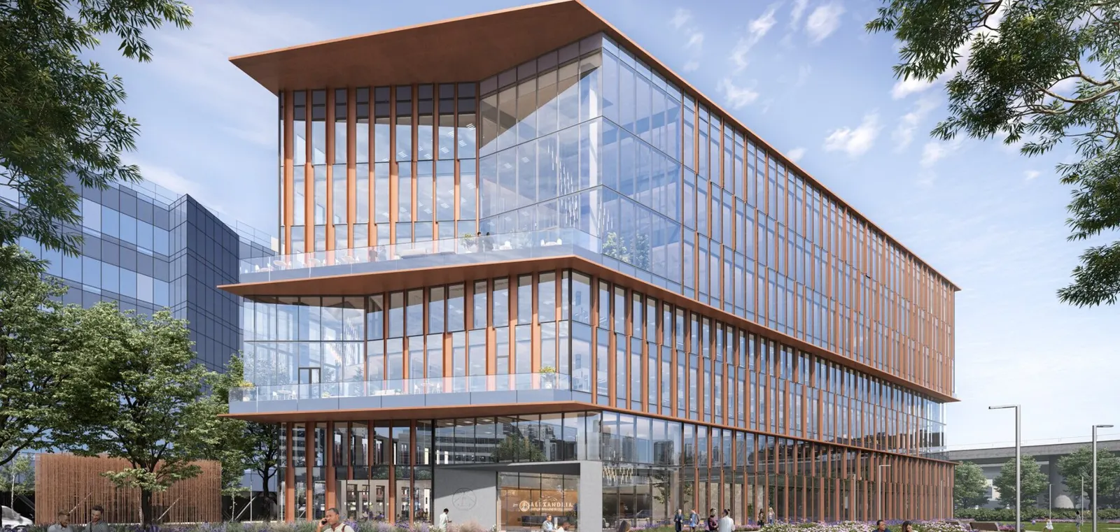 Timber-and-glass office building visualization