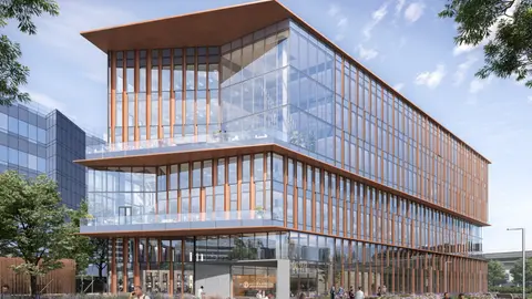 Timber-and-glass office building visualization
