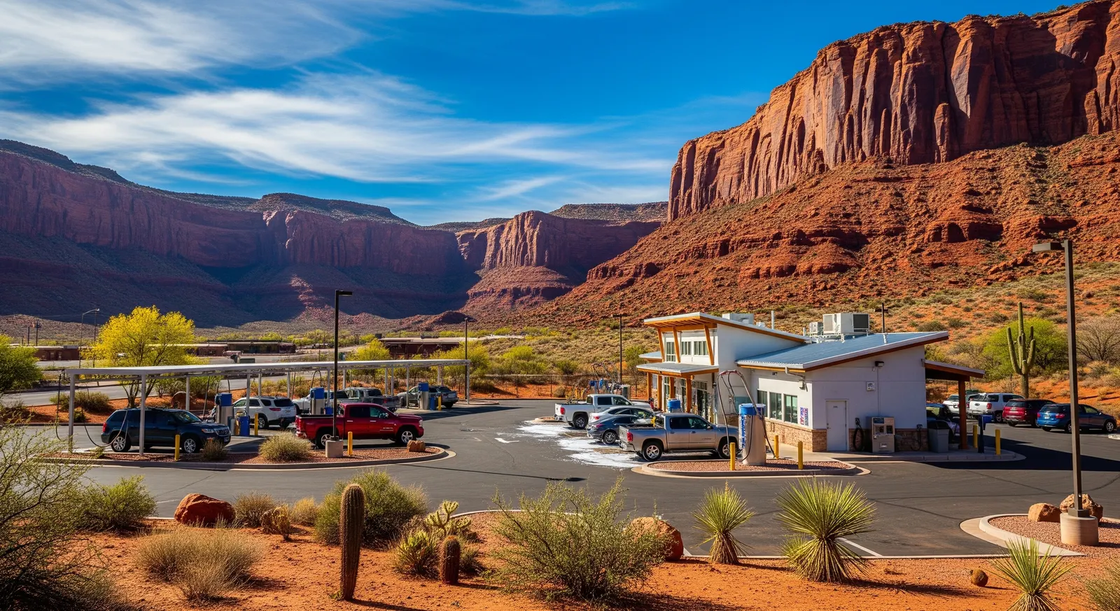 A row of car wash bays in a desert landscape, symbolizing modern car wash investment opportunities in high-traffic rural U.S. markets