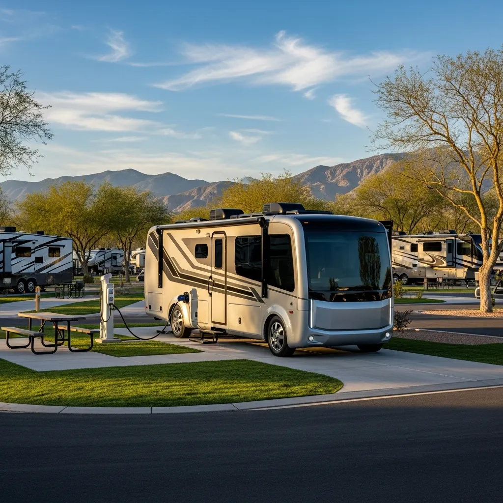 electric rv parked and charging in rv park