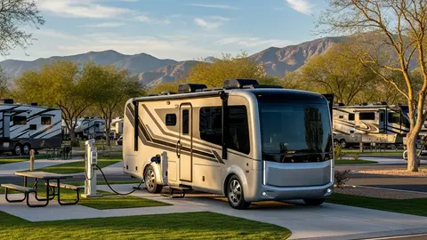 electric rv parked and charging in rv park