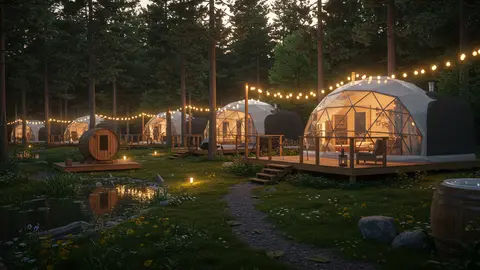 glamping, glass domes, pond and sauna