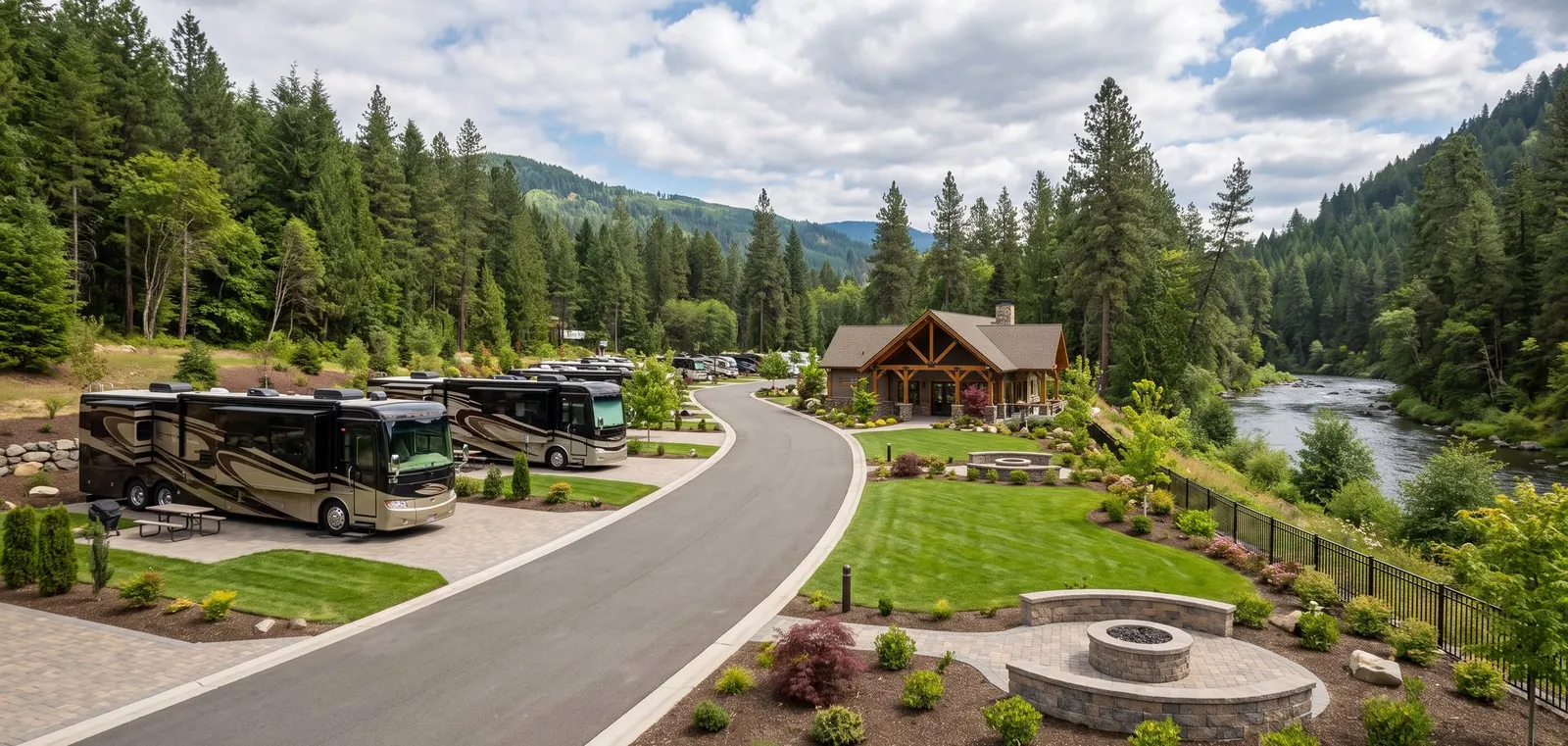 RV park beside a river with forested hills