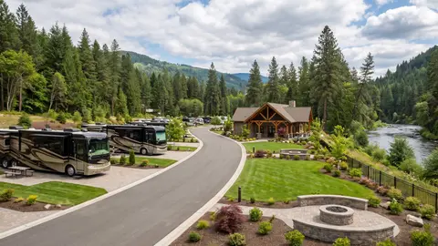 RV park beside a river with forested hills