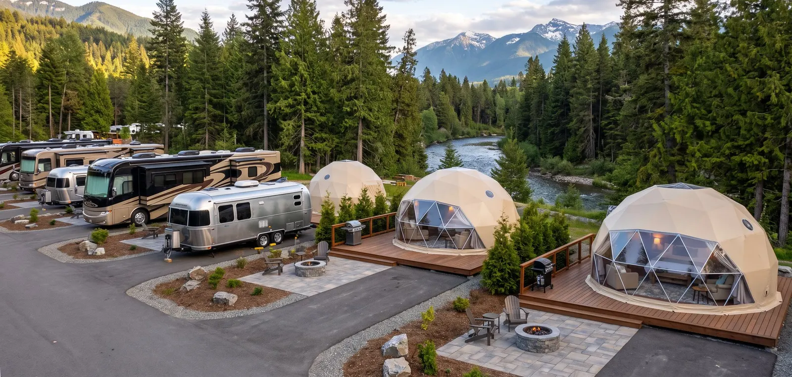 Glamping domes and travel trailers at an RV resort