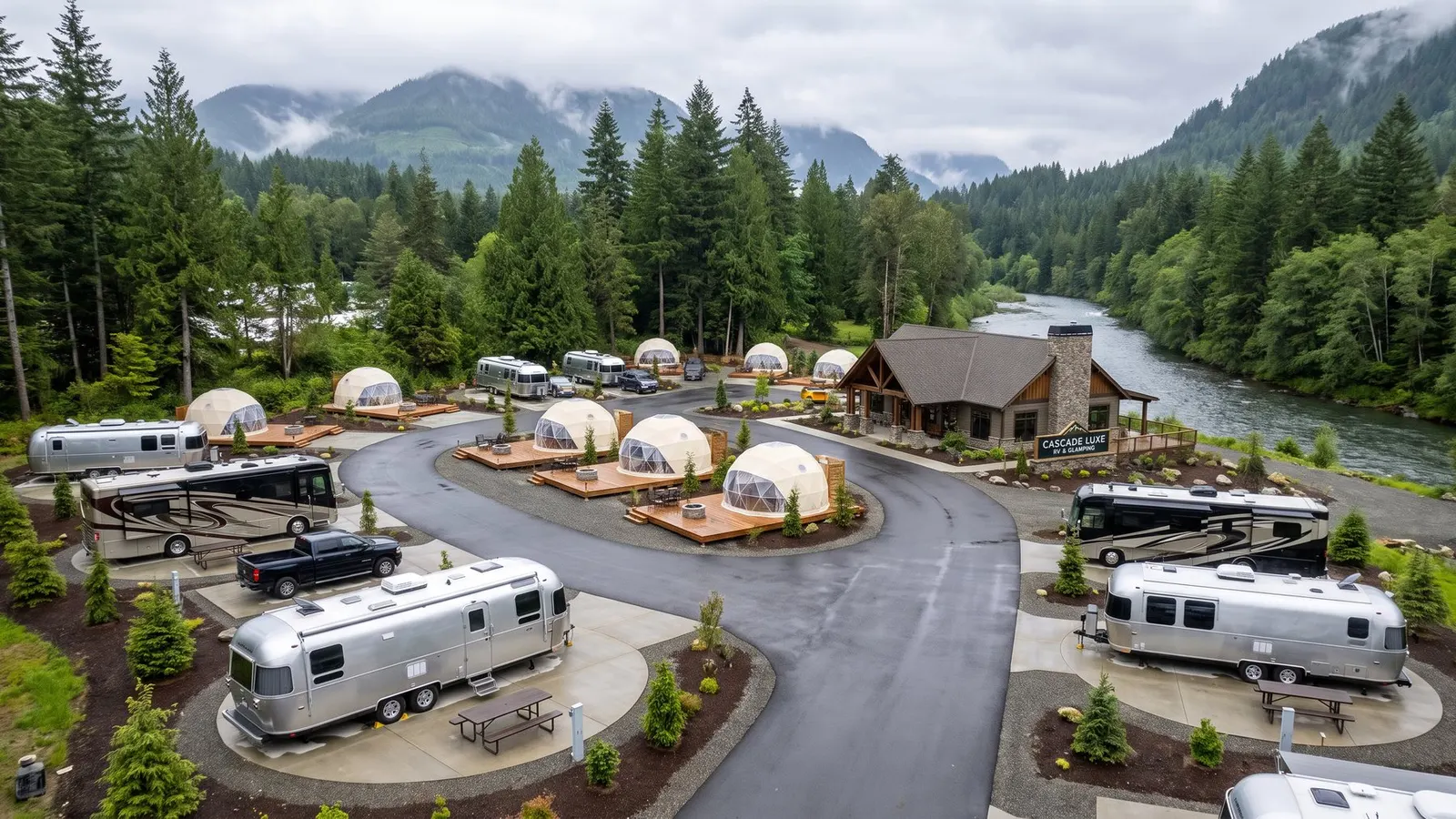 RV park with dome glamping units among trees