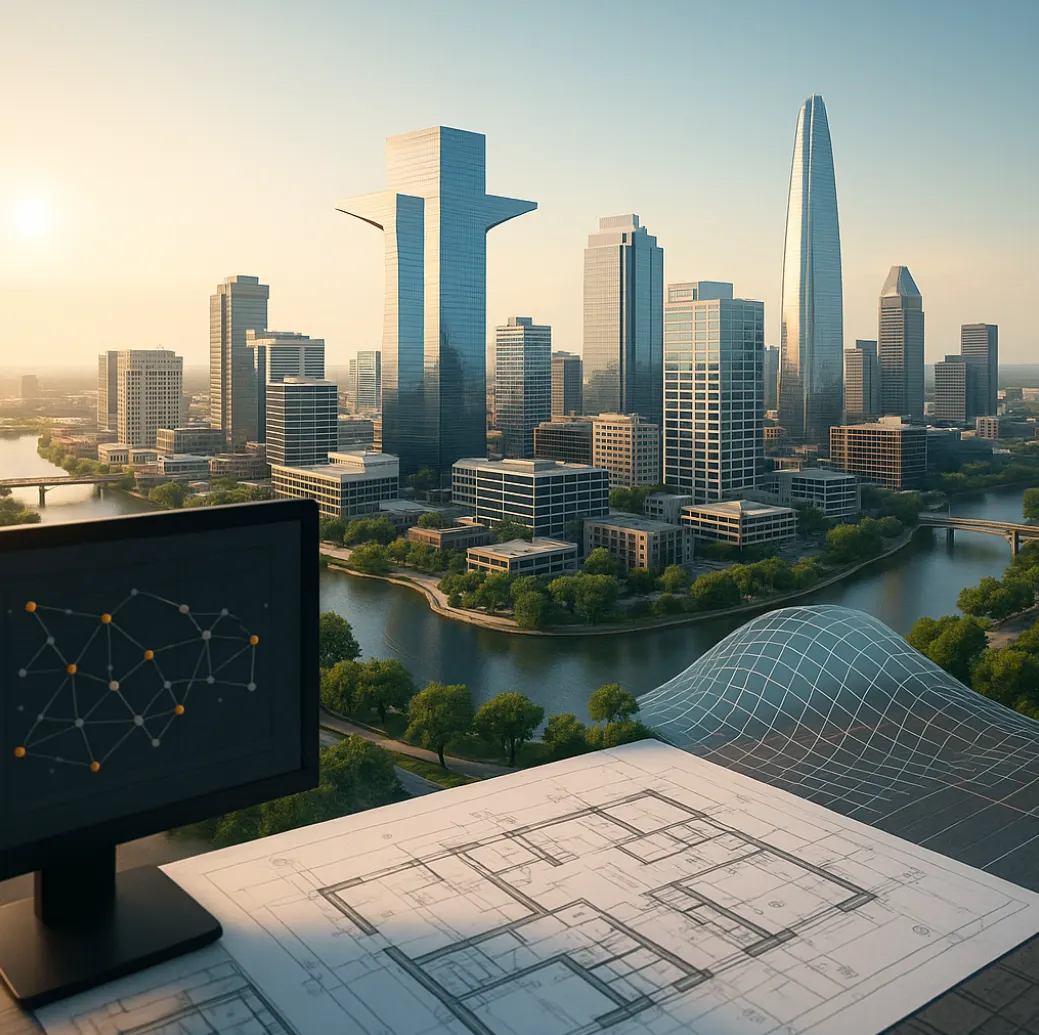 Futuristic Texas cityscape with AI-integrated architecture and urban planning elements.