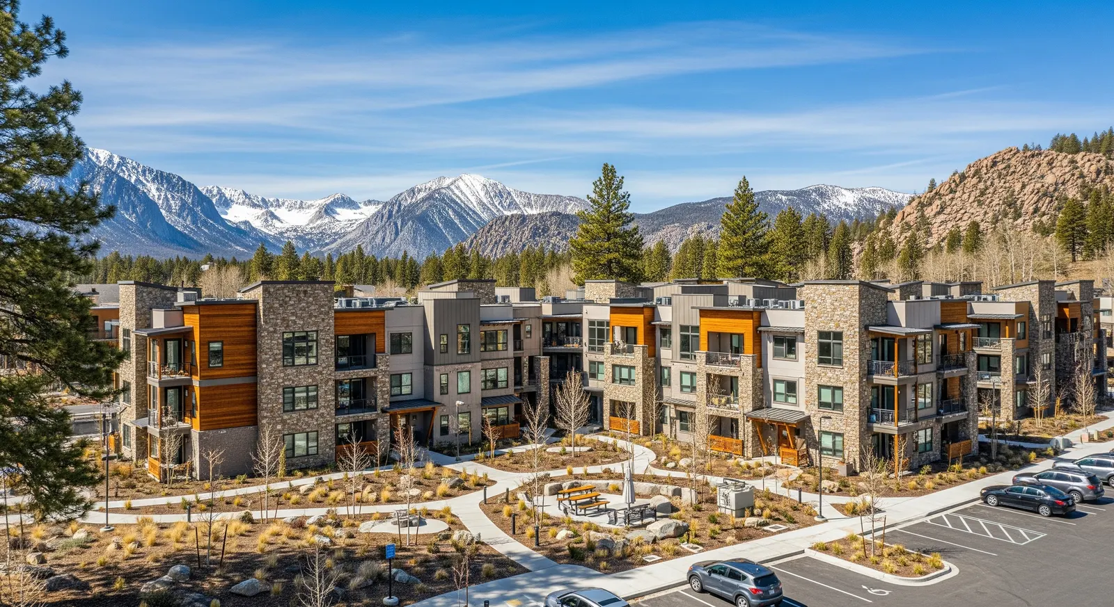 Modern mountain multifamily complex showcasing sustainable architecture and outdoor community design, representing trends discussed in the Multifamily Development Outlook 2025.