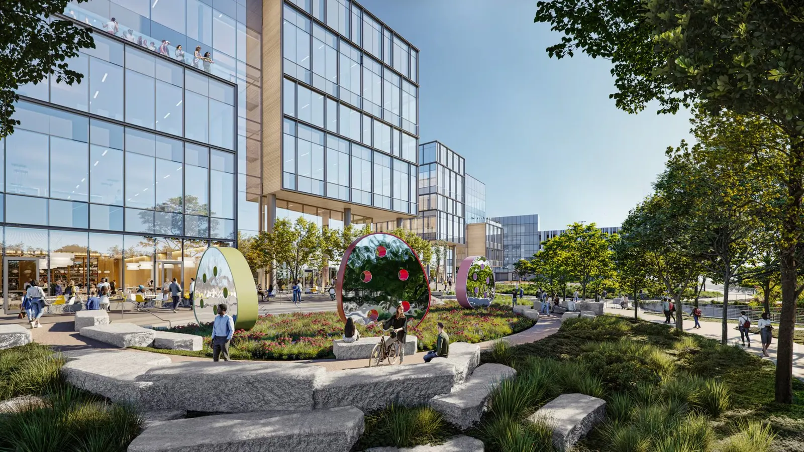 Landscaped outdoor amenity plaza between office buildings