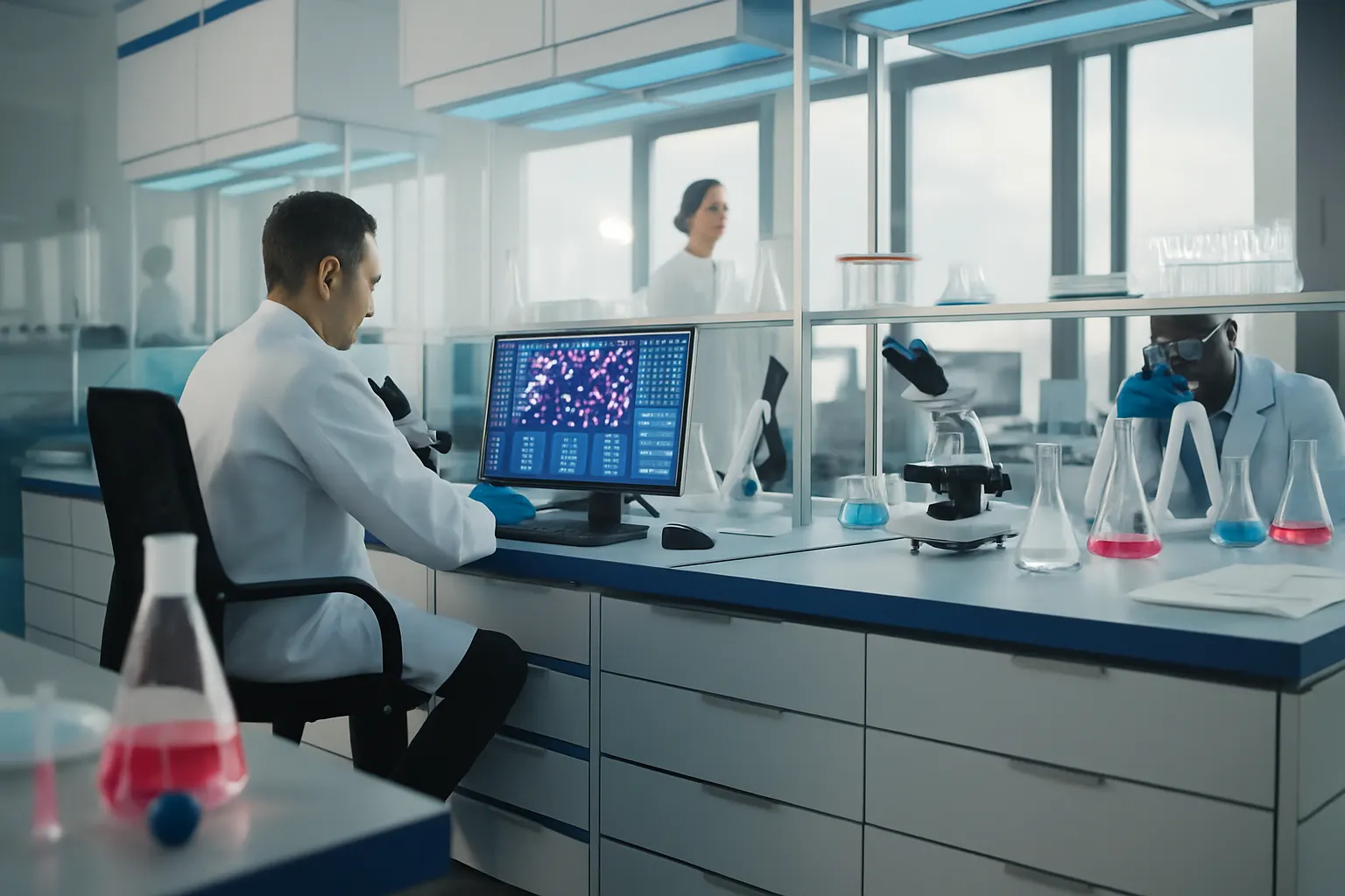 Researchers in a converted life science lab work with microscopes and digital diagnostics, illustrating the growing trend of repurposing U.S. office space into biotech-ready laboratories to meet surging demand in the life sciences sector.