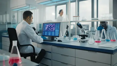 Researchers in a converted life science lab work with microscopes and digital diagnostics, illustrating the growing trend of repurposing U.S. office space into biotech-ready laboratories to meet surging demand in the life sciences sector.