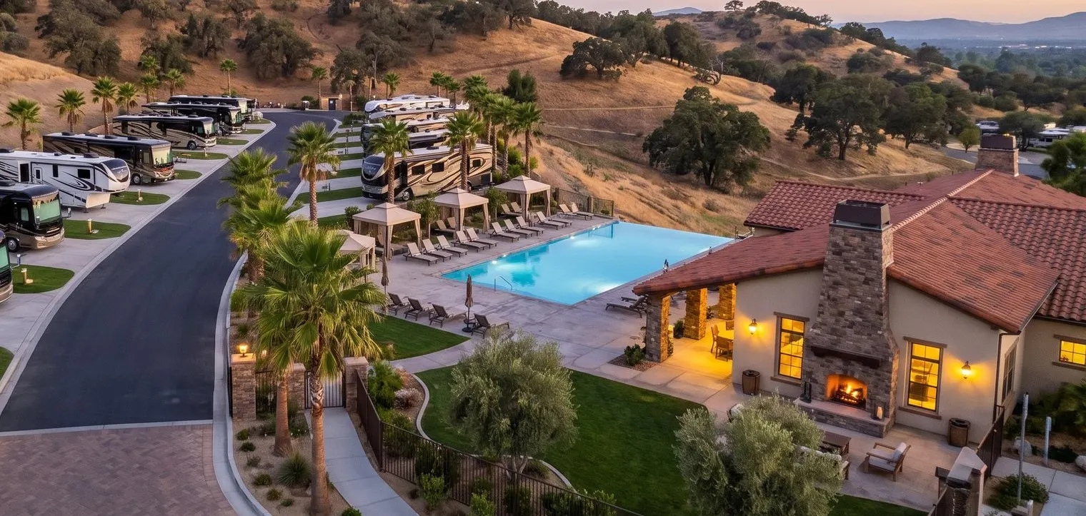 RV resort sites with utility pedestals at dusk