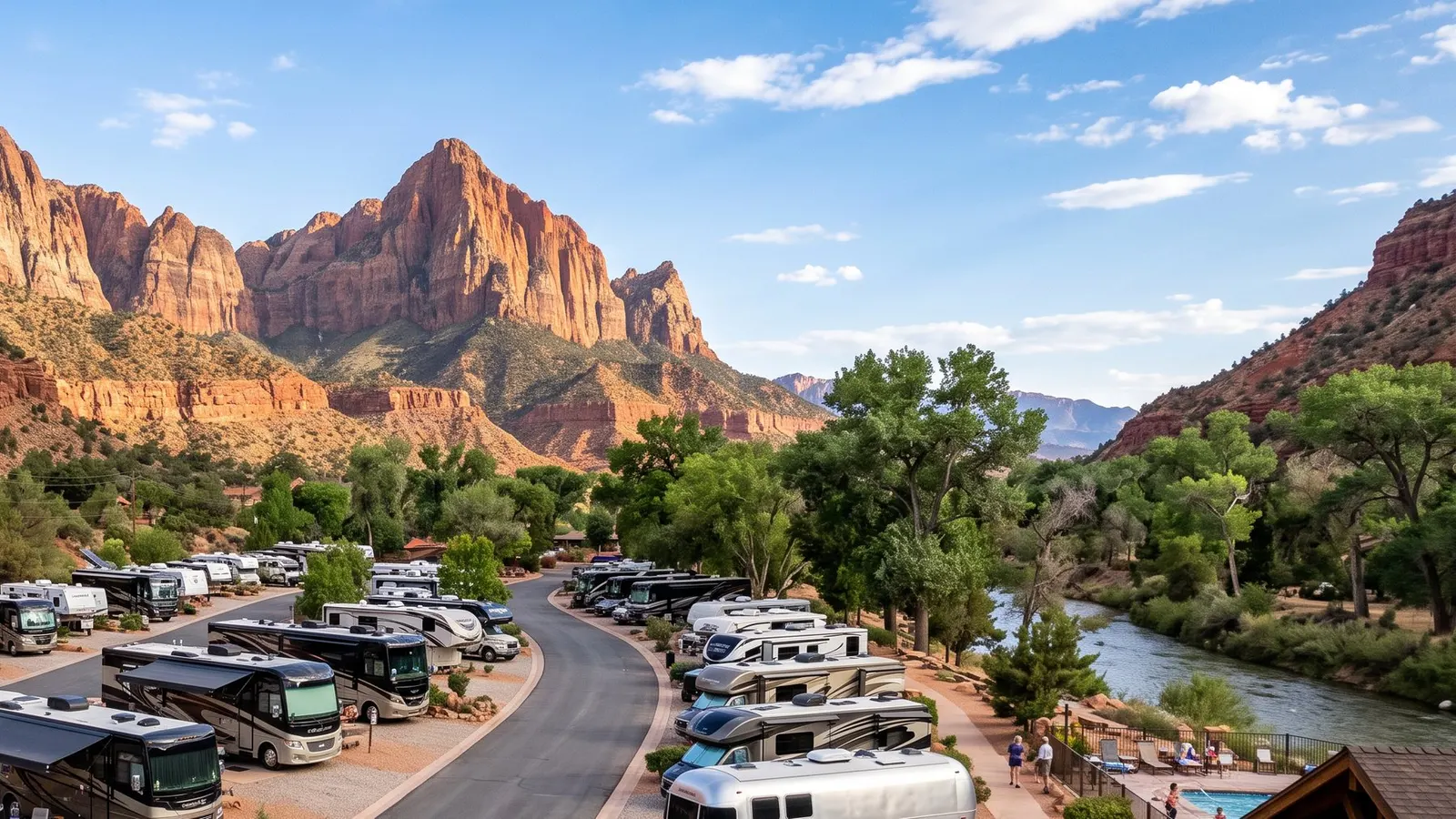 RV sites with hookups beneath desert cliffs