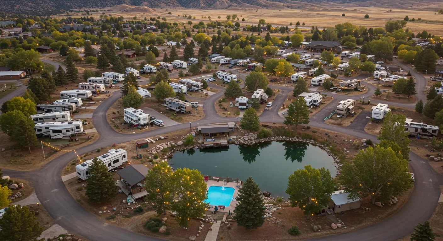 rv park with a pond and a pool