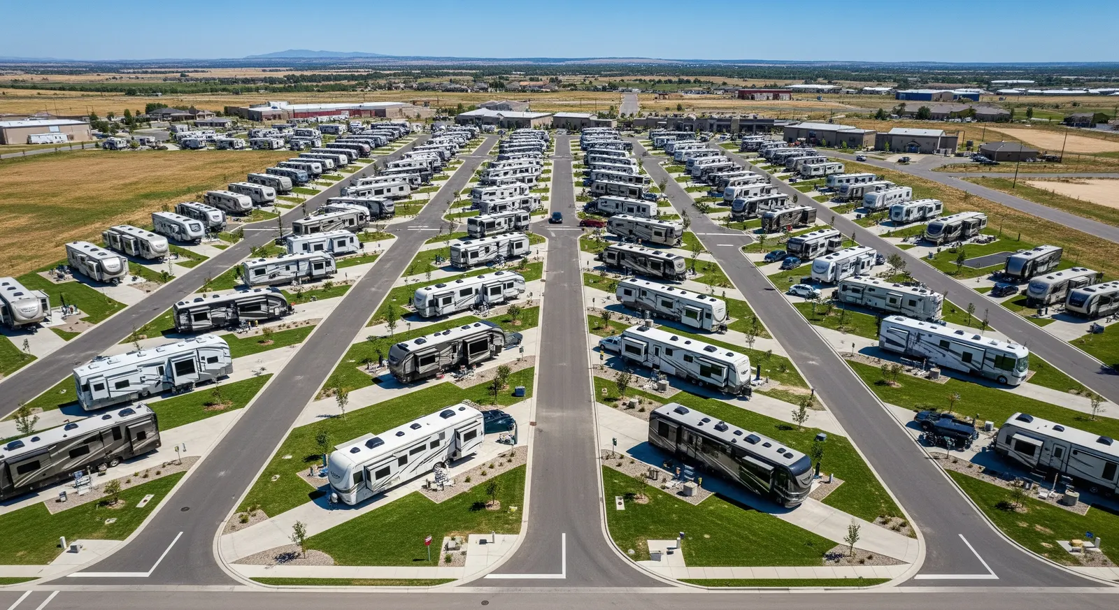 Aerial view of a modern RV park layout with full occupancy, showcasing symmetrical site design and landscaped green space.