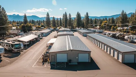 Modern RV storage investment facility featuring a mix of indoor, covered, and outdoor parking bays, with secure metal structures and RVs parked under shade canopies in a landscaped mountain-edge setting.