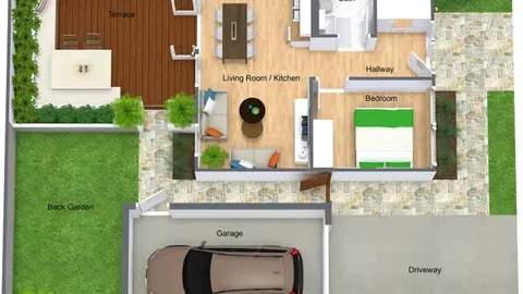 3D floor plan showing a one-bedroom home with garage, terrace, back garden, and labeled rooms including kitchen, bath, and driveway.