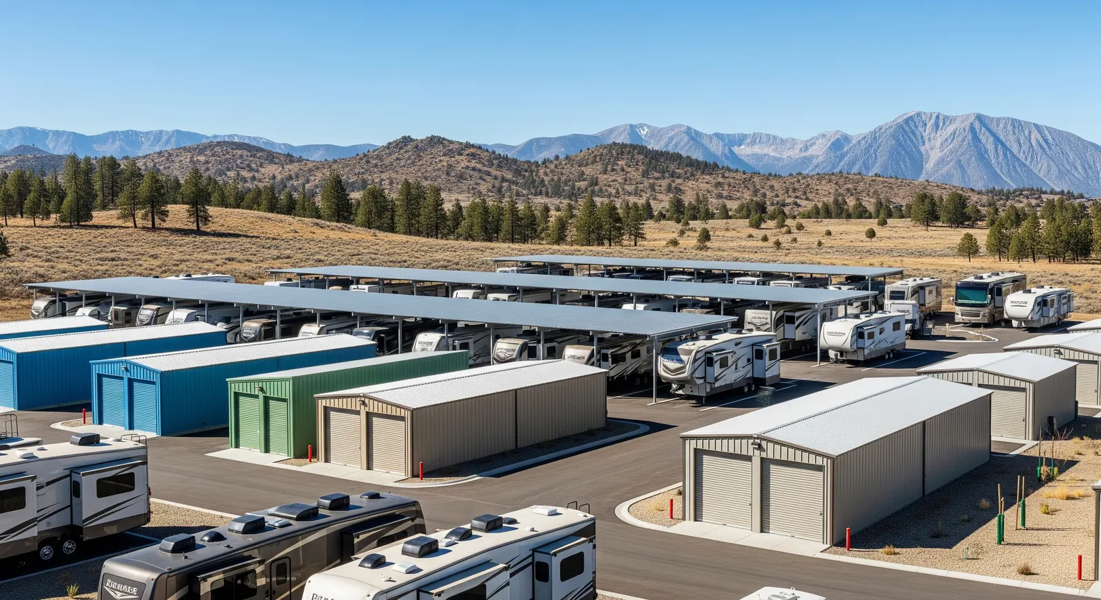 A covered RV storage facility featuring a metal canopy sheltering multiple large RVs. Figure: Example of a covered RV storage facility. Covered parking structures incur higher construction costs than open lots but offer weather protection that justifies premium rental rates.
