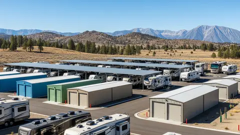 A covered RV storage facility featuring a metal canopy sheltering multiple large RVs.
Figure: Example of a covered RV storage facility. Covered parking structures incur higher construction costs than open lots but offer weather protection that justifies premium rental rates.