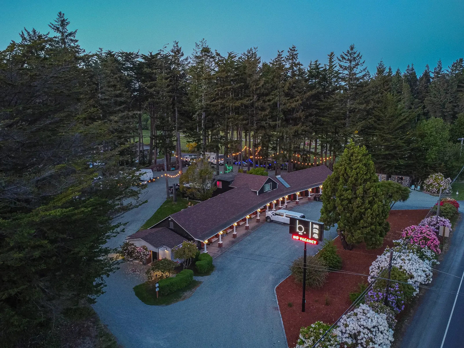 Rustic roadside lodge surrounded by trees and string lights