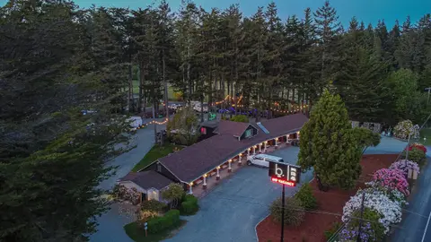 Rustic roadside lodge surrounded by trees and string lights