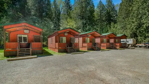 Row of modern red cabins with green roofs at a forest campground designed for remote workers, featuring high-speed Wi-Fi and comfortable work-stay accommodations surrounded by trees, an example of tech-savvy, digital-nomad-friendly campground architecture.