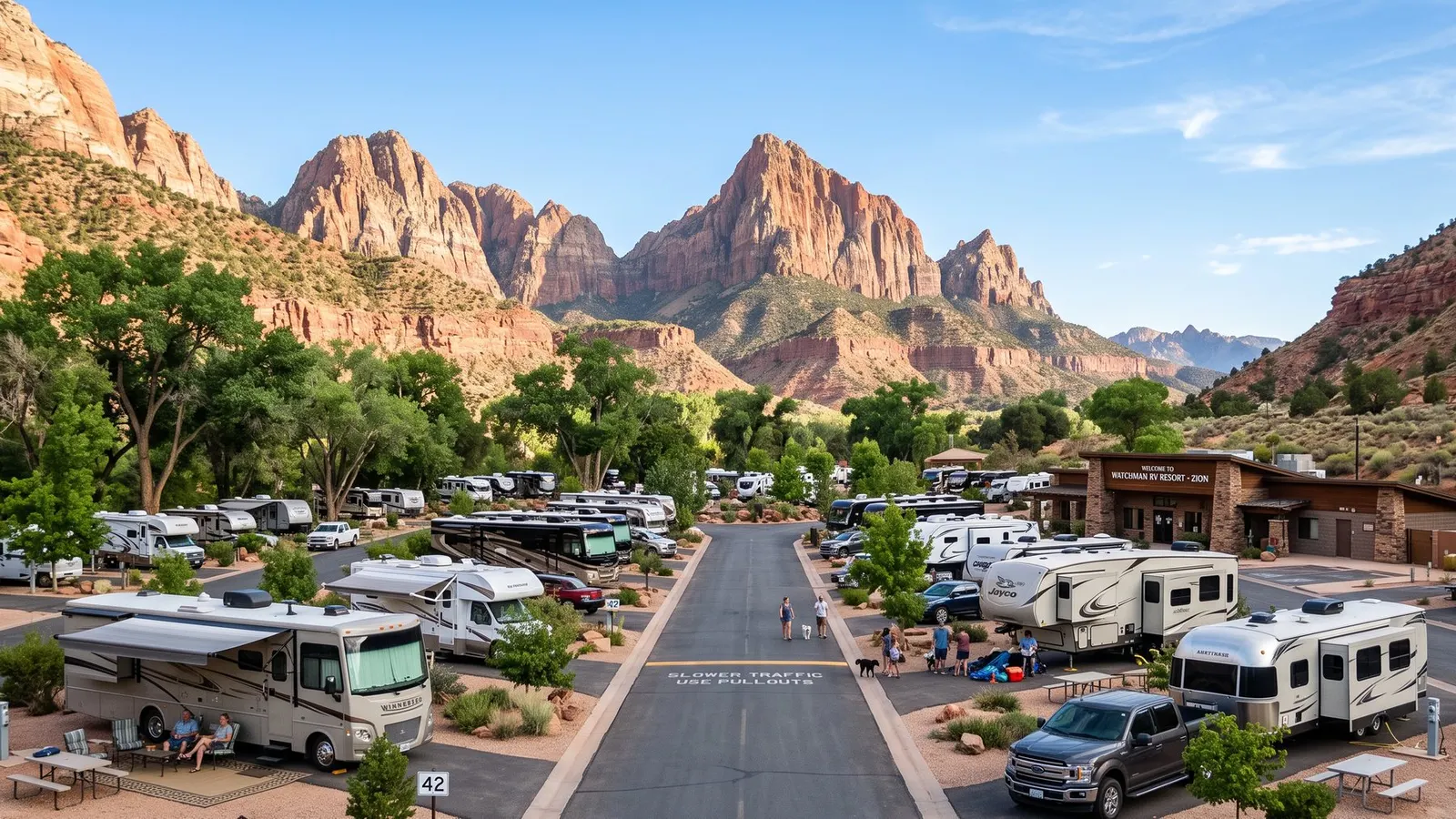 RV resort beneath red desert cliffs