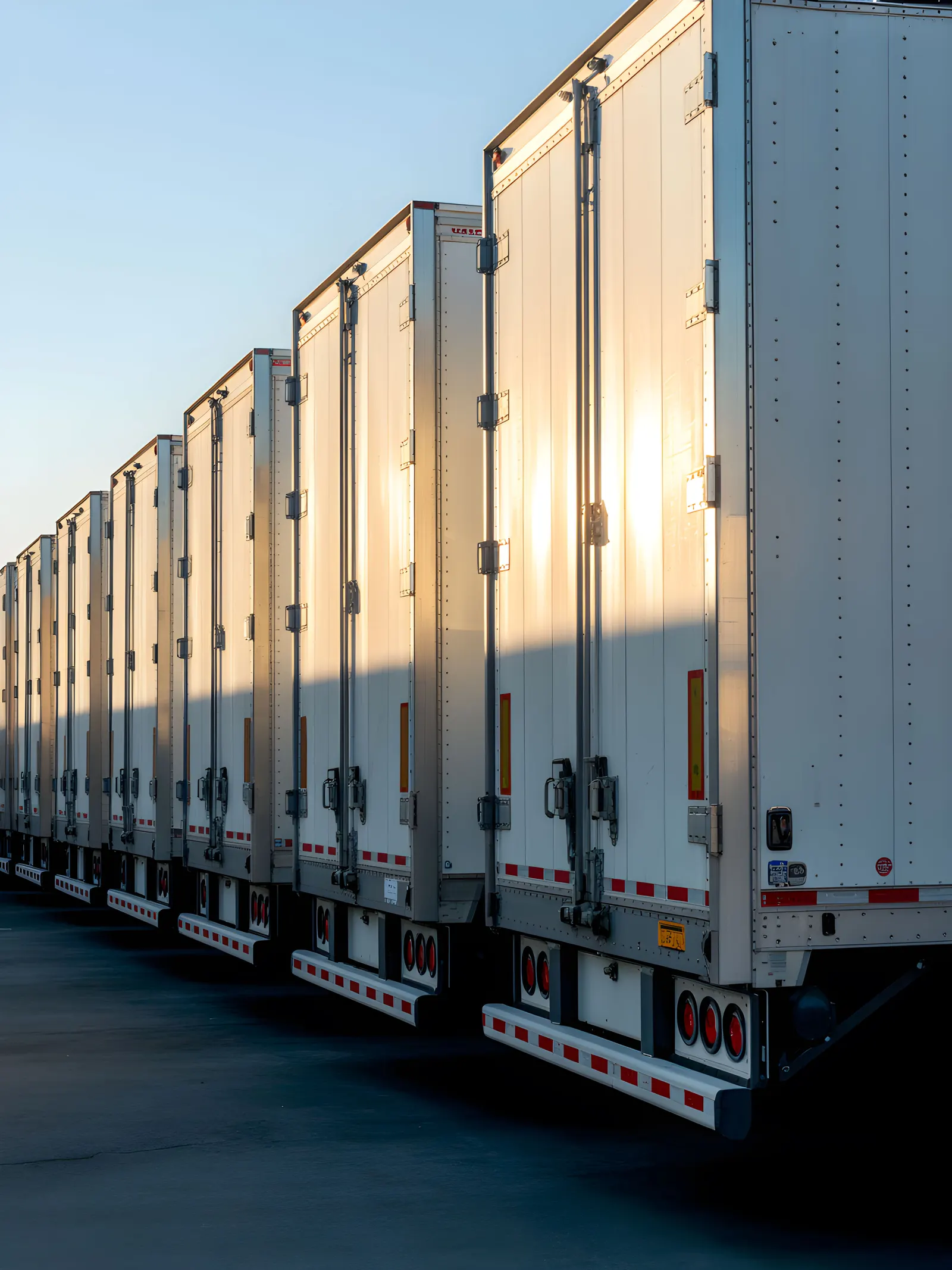Aerial view of a paved industrial outdoor storage yard with semi-trailers parked.