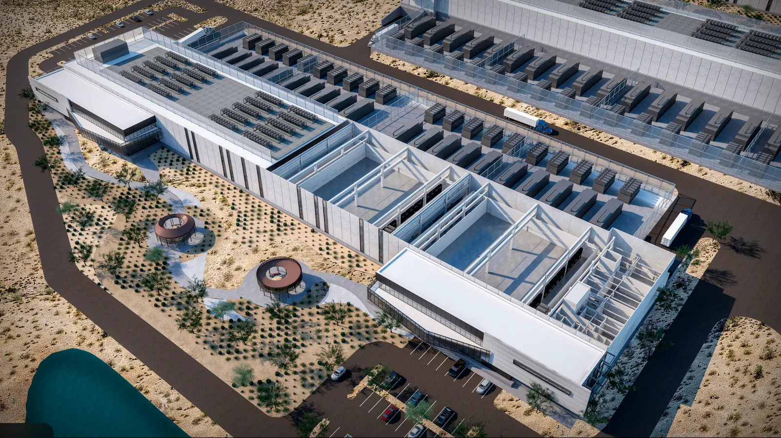 Aerial view of a data center campus in the desert