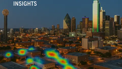 A foot-traffic heat map overlaid on a twilight aerial view of downtown Dallas, highlighting high-activity retail zones with skyline in the background.