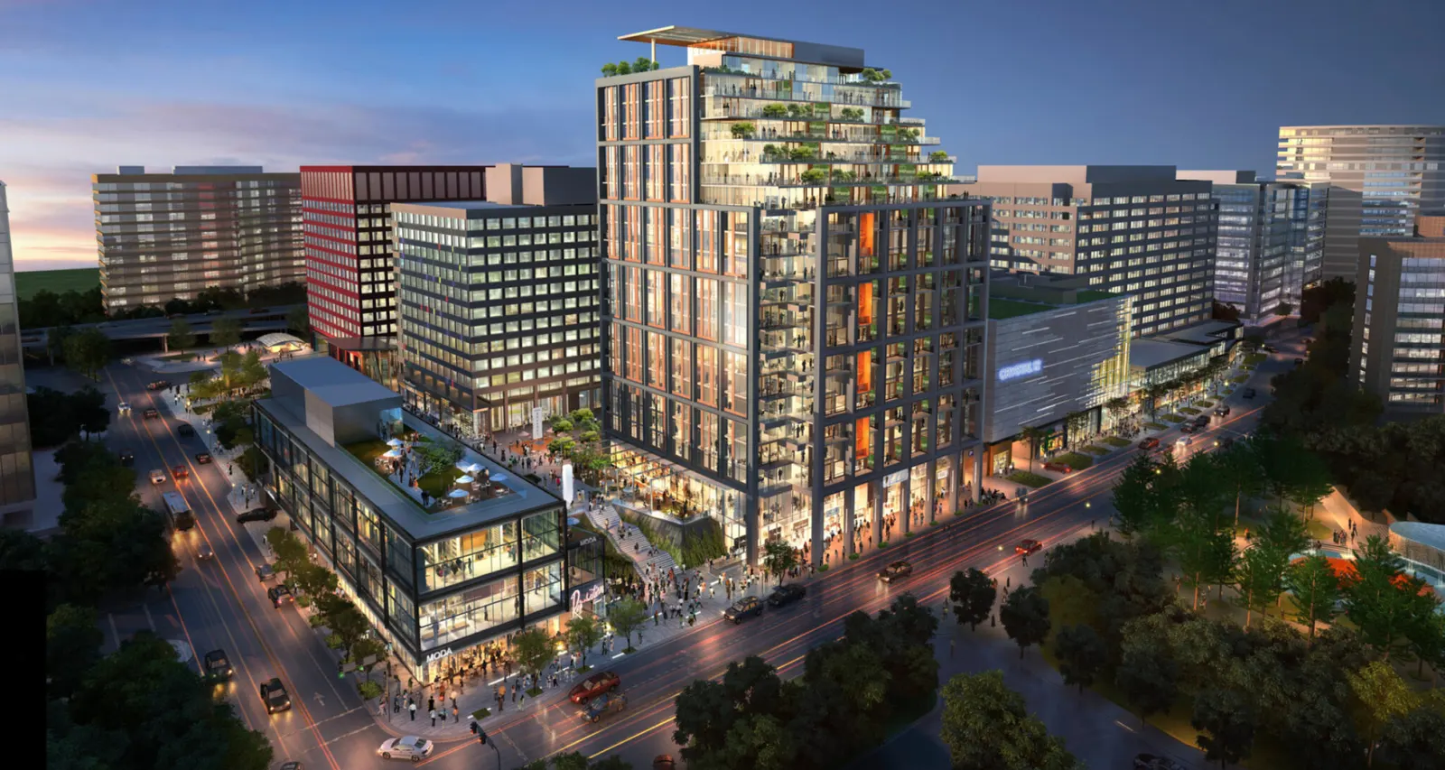 “Modern office-to-residential conversion with glass façade and green spaces.”