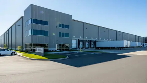 Aerial view of a modern logistics facility showcasing optimal warehouse site planning, with trailer bays, parking areas, and clear truck circulation paths.
