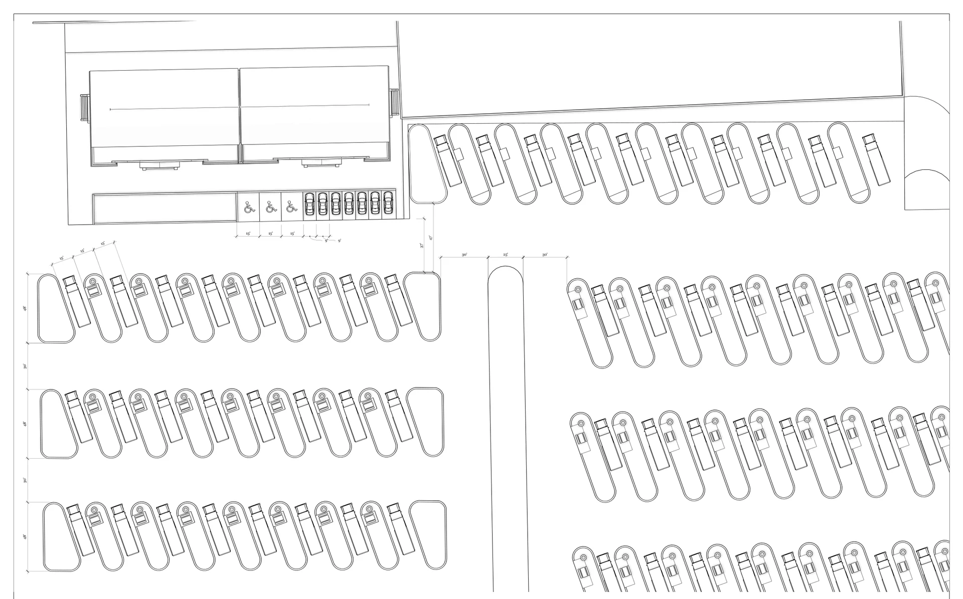 Studio drawing of an RV park pad layout: rows of angled pull-through RV pads along drive aisles, beside an amenity building with accessible parking stalls