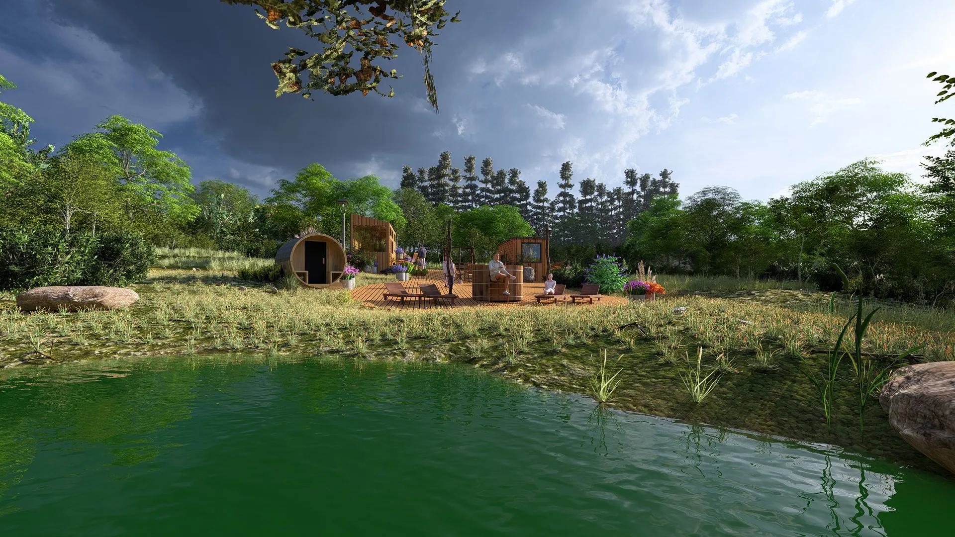 3D render of a small resort: a barrel sauna and cabins on a meadow above a natural pond