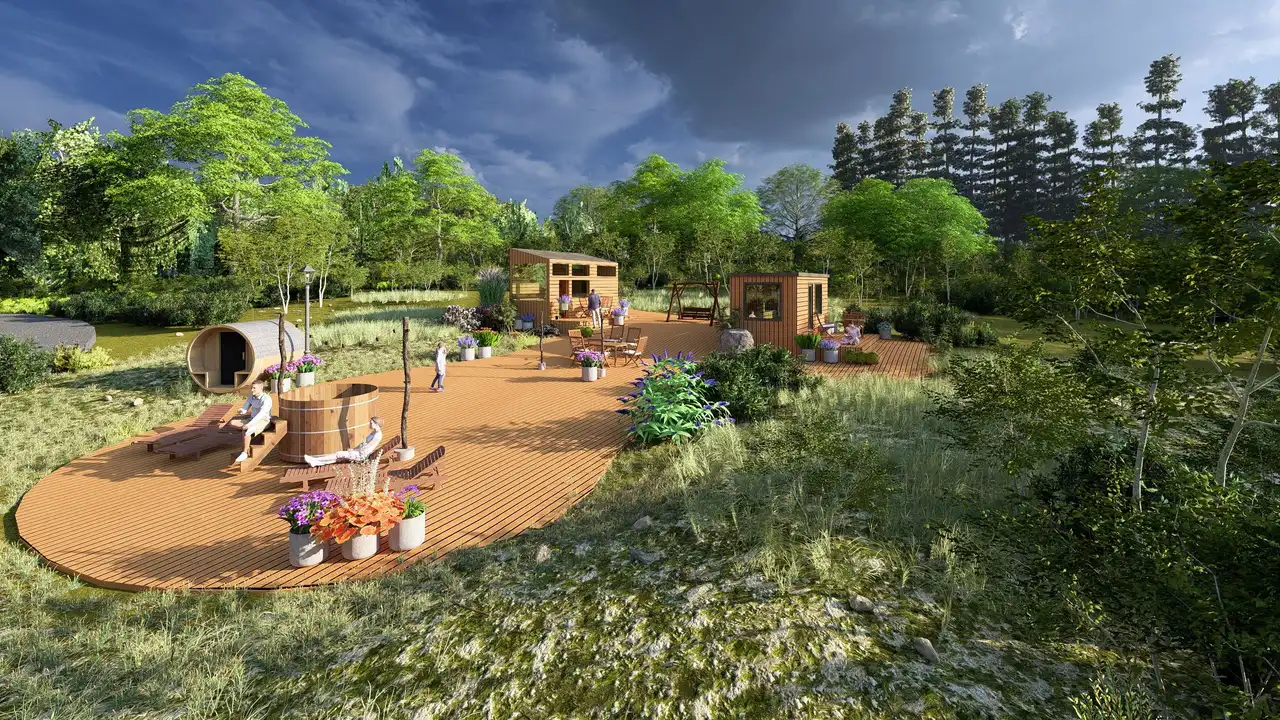 3D render of a resort amenity deck with a barrel sauna, loungers and tiny cabins in a forest clearing