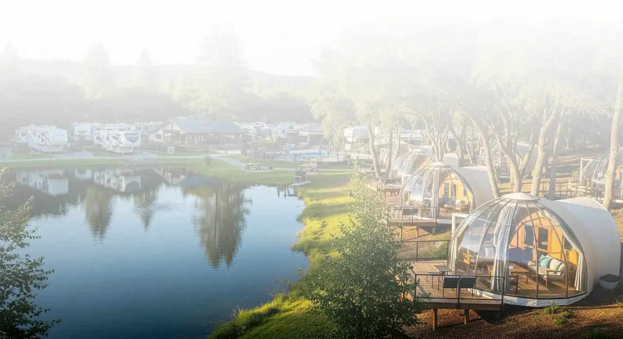 3D render of glamping domes on timber decks along a pond edge, with RV sites across the water