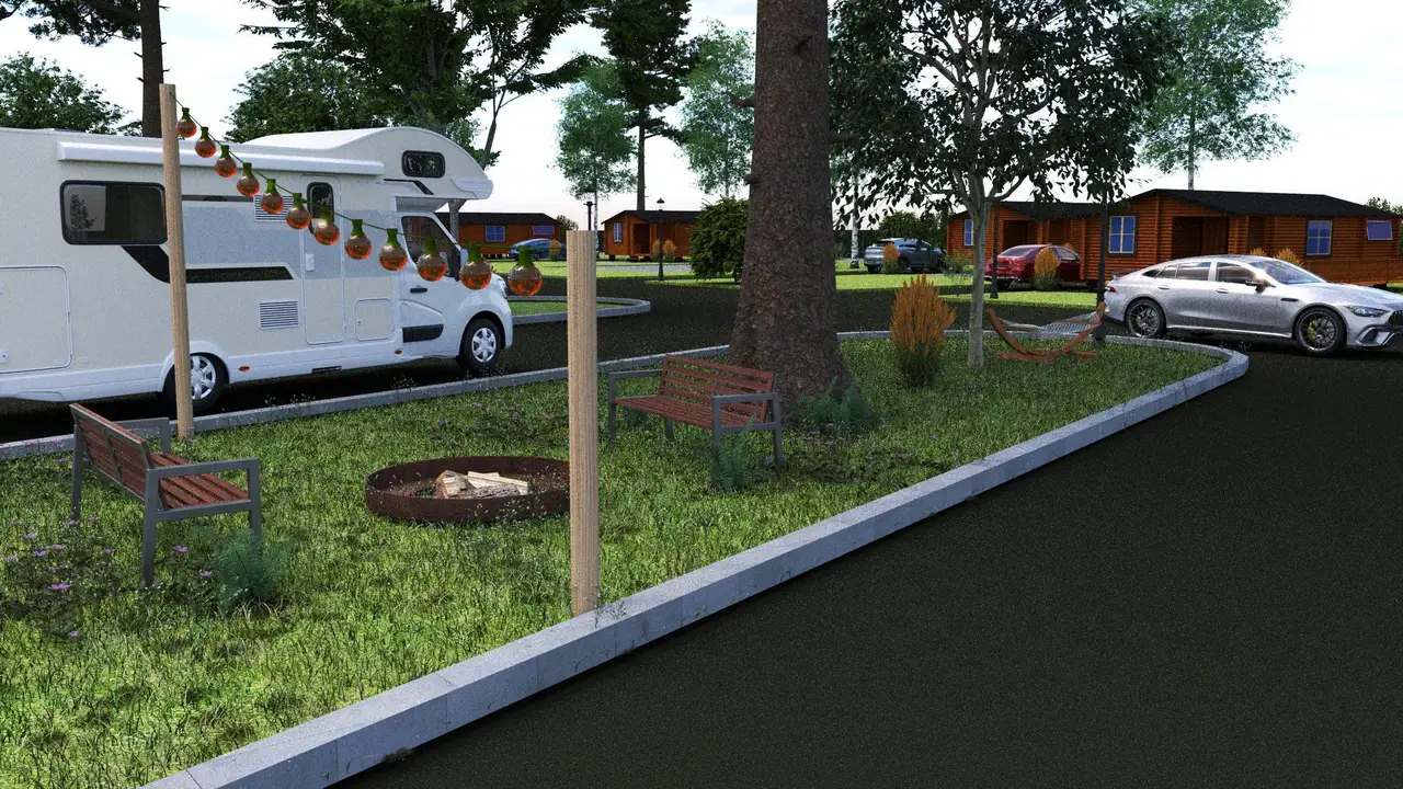 3D render of an RV resort site with a fire pit, benches and string lights beside a paved park road, with cabins behind