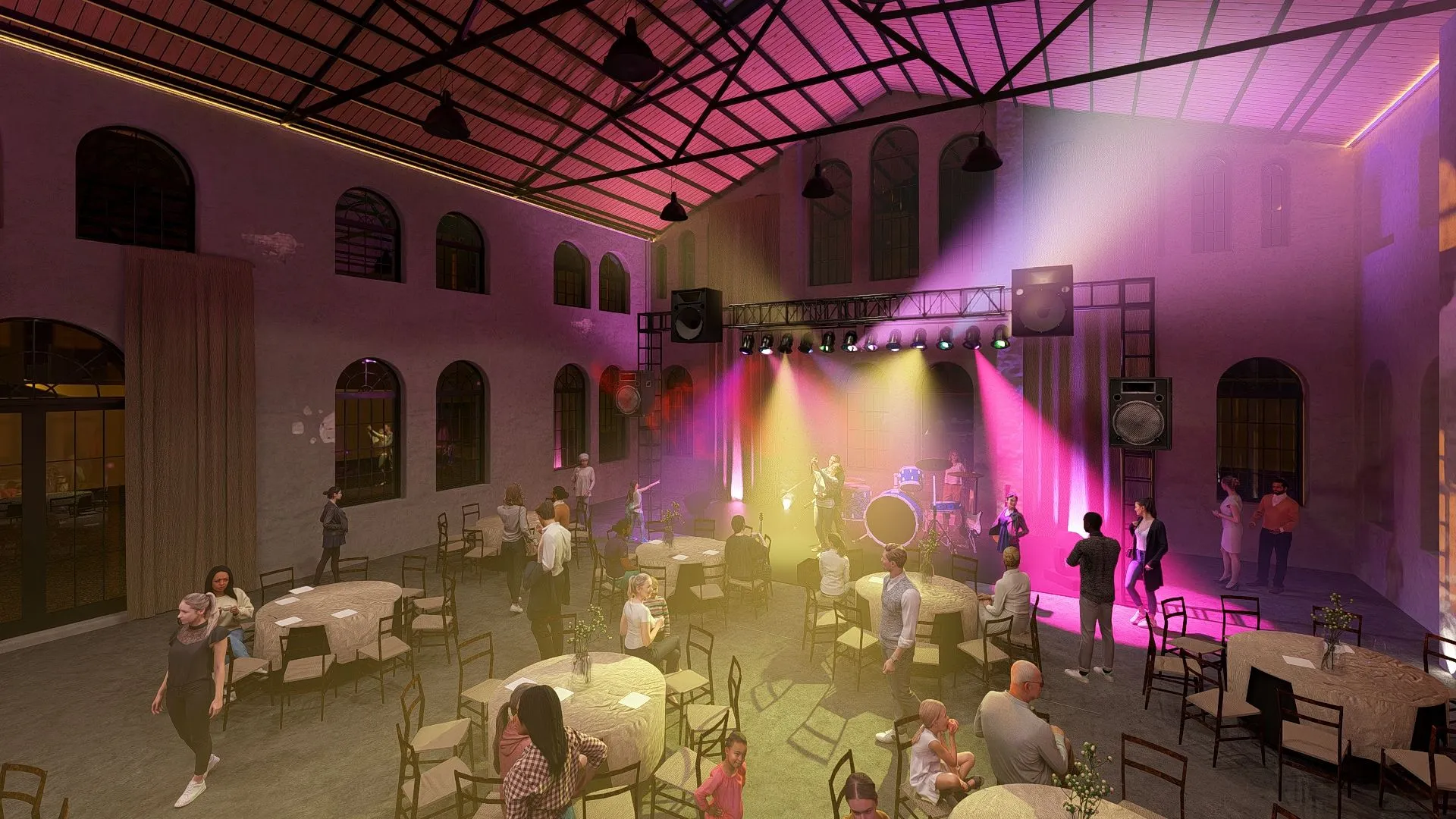3D render of the converted industrial hall as a concert venue, with stage lighting and table seating