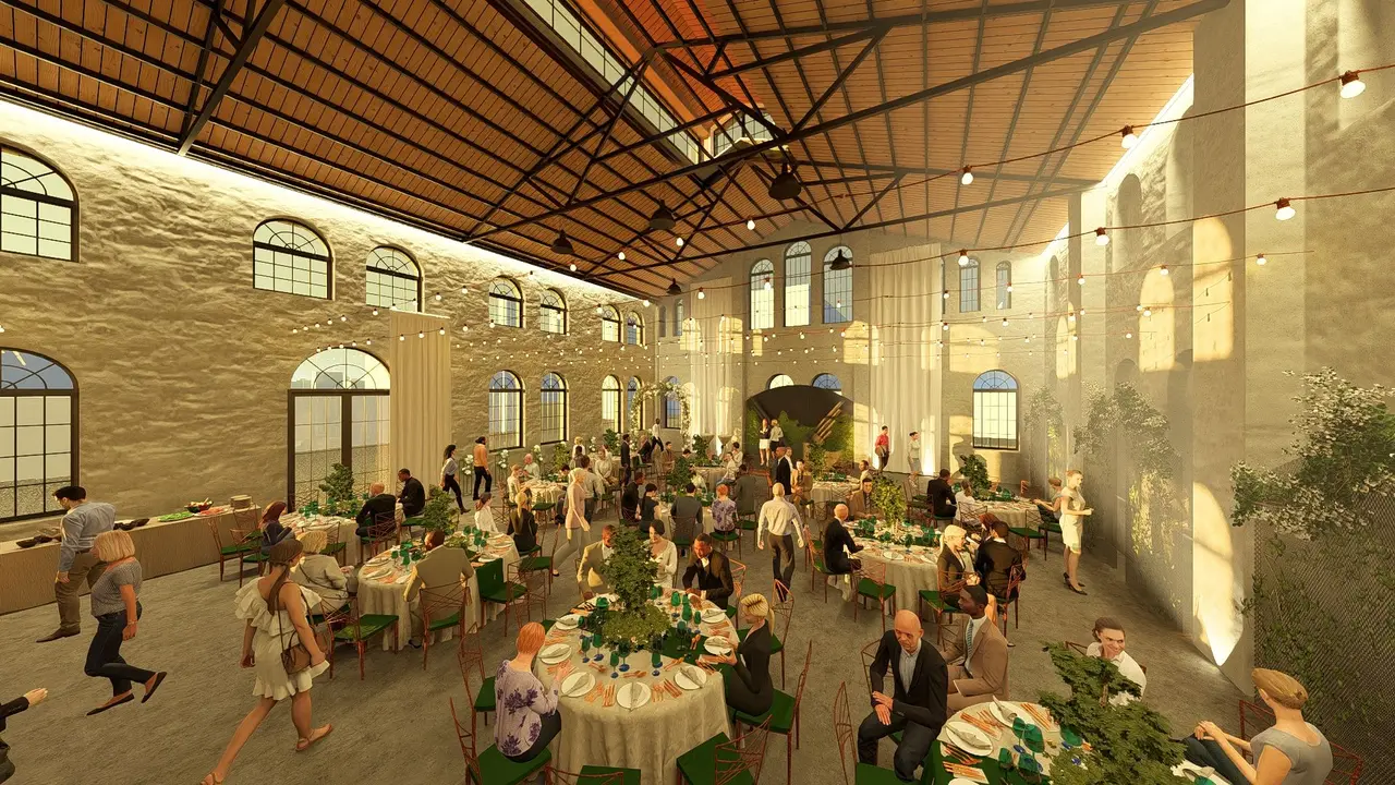 3D render of the converted industrial hall set for a banquet, with round tables, planting and string lights under the restored trusses