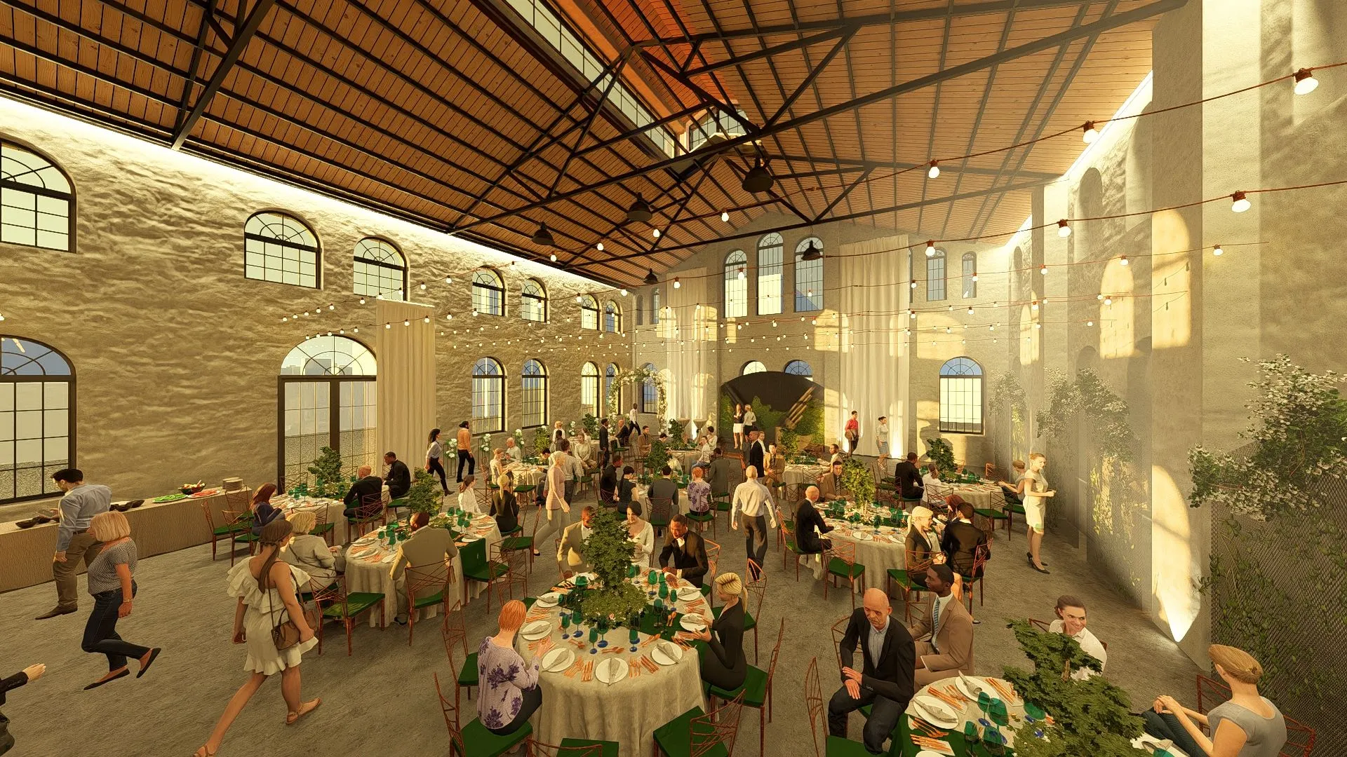3D render of the converted industrial hall set for a banquet, with round tables, planting and string lights under the restored trusses